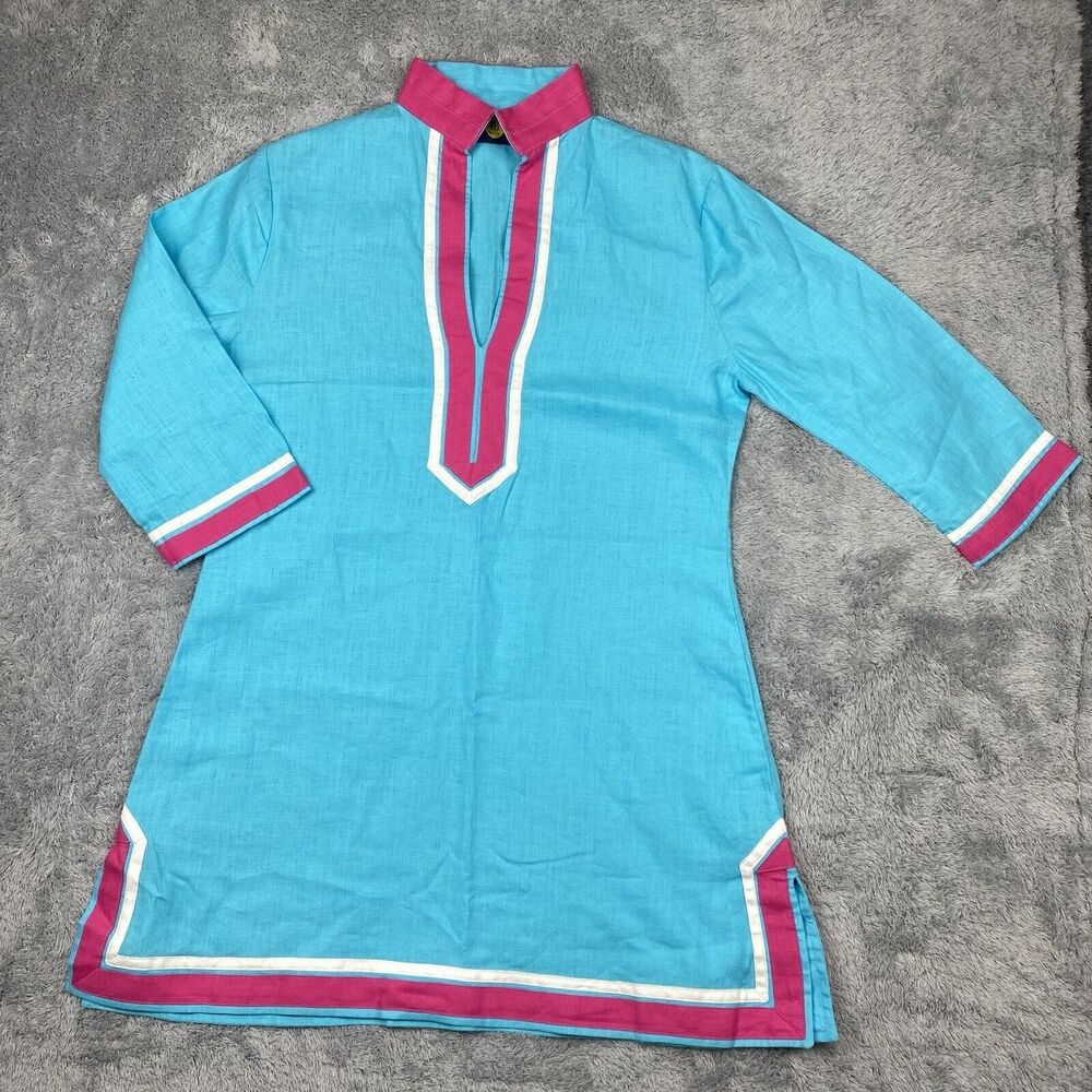Guru NYC Tunic Shirt Women Medium Blue Pink European Linen